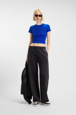 Slim-fit cropped T-shirt in stretch cotton, Blue