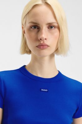 Slim-fit cropped T-shirt in stretch cotton, Blue
