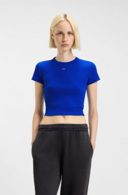 Slim-fit cropped T-shirt in stretch cotton, Blue