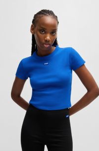 T-shirt Slim en coton stretch avec étiquette logotée bleue, Bleu