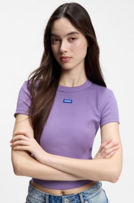 Slim-fit cropped T-shirt in stretch cotton, Purple