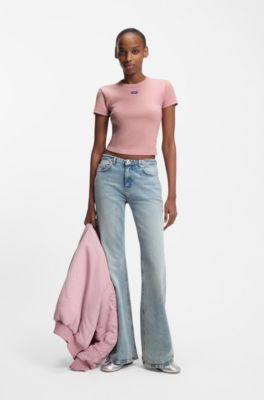 Slim-fit cropped T-shirt in stretch cotton, light pink