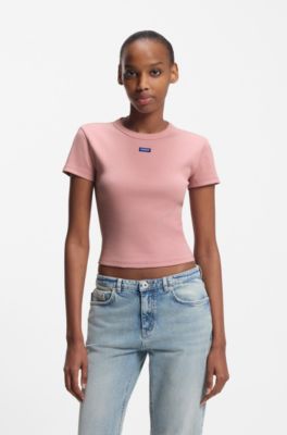 Slim-fit cropped T-shirt in stretch cotton, light pink