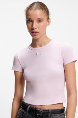 Slim-fit cropped T-shirt in stretch cotton, light pink