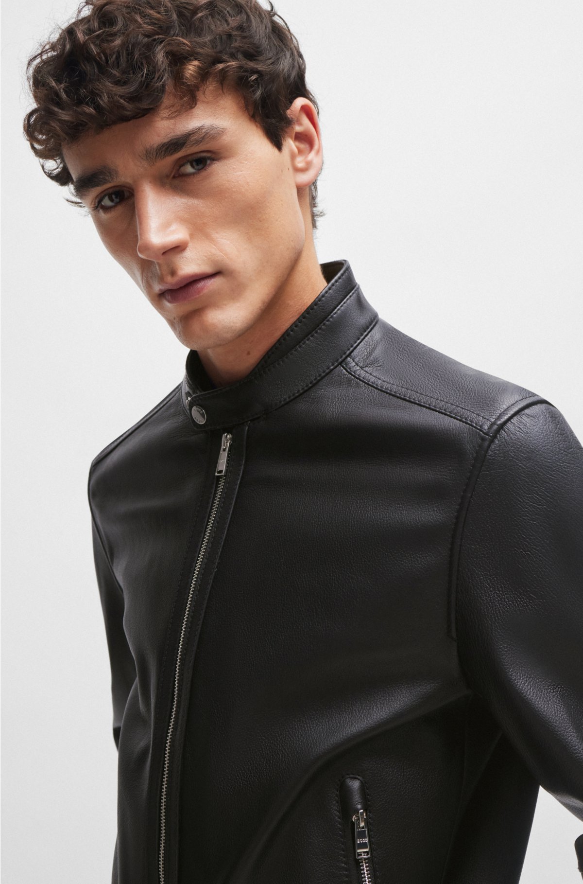 BOSS - Regular-fit zip-up jacket in grained leather