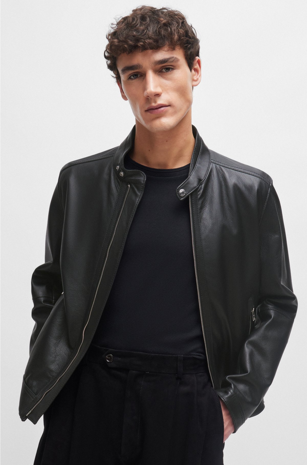Regular-fit zip-up jacket in grained leather, Black