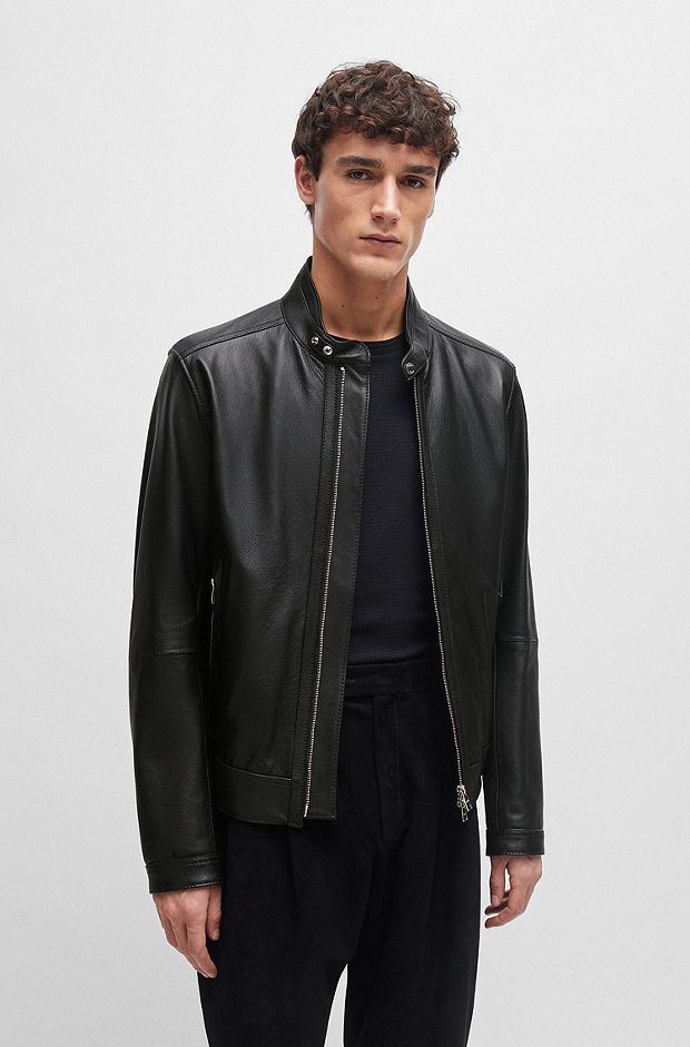 Regular-fit zip-up jacket in grained leather, Black