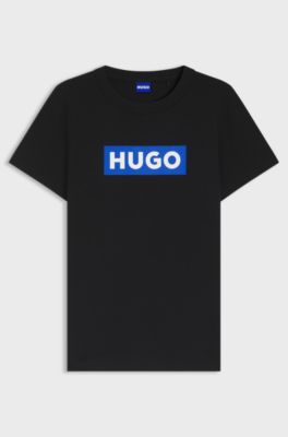 Slim-fit T-shirt in cotton with blue boxed logo, Black