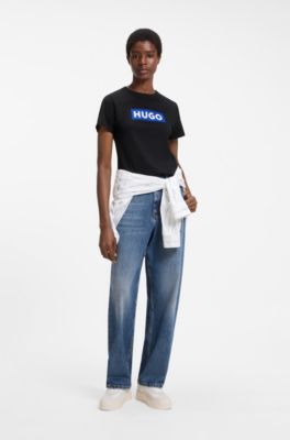 T-shirt slim fit in cotone con logo stampato, Nero