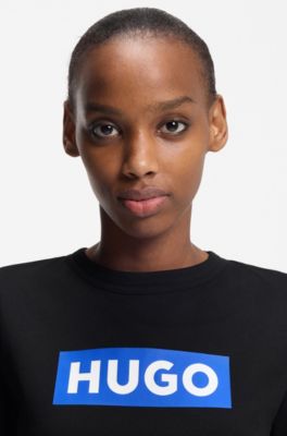 T-shirt Slim Fit en coton avec logo bleu encadr&eacute;, Noir