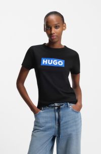 Slim-fit T-shirt in cotton with blue boxed logo, Black