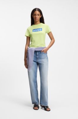 Slim-fit T-shirt in cotton with blue boxed logo, Light Green