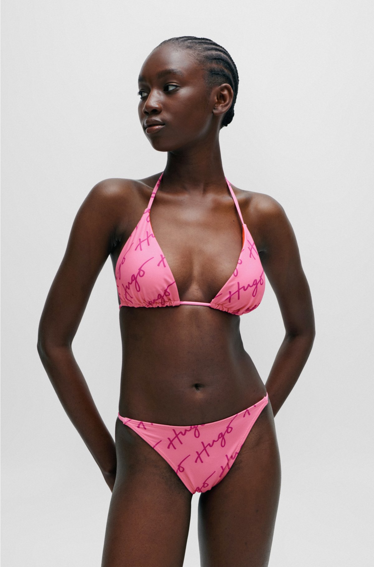 Quick-dry triangle bikini with handwritten logos, Pink Patterned