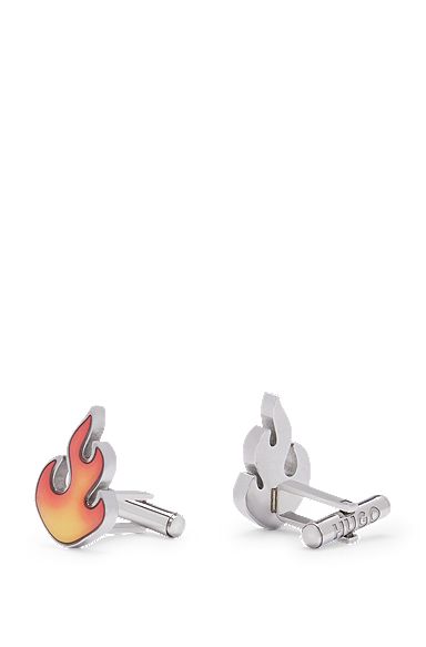 Stainless-steel cufflinks with flame artwork head, Silver