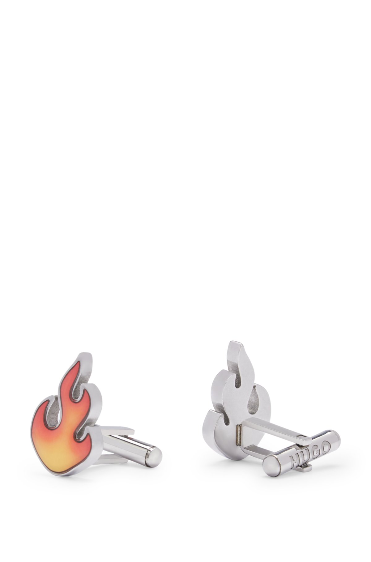 Stainless-steel cufflinks with flame artwork head, Silver