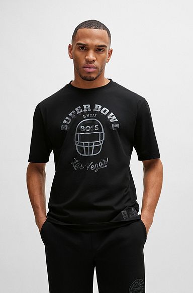 BOSS x NFL T-Shirt aus Stretch-Baumwolle mit Artwork-Print, Schwarz