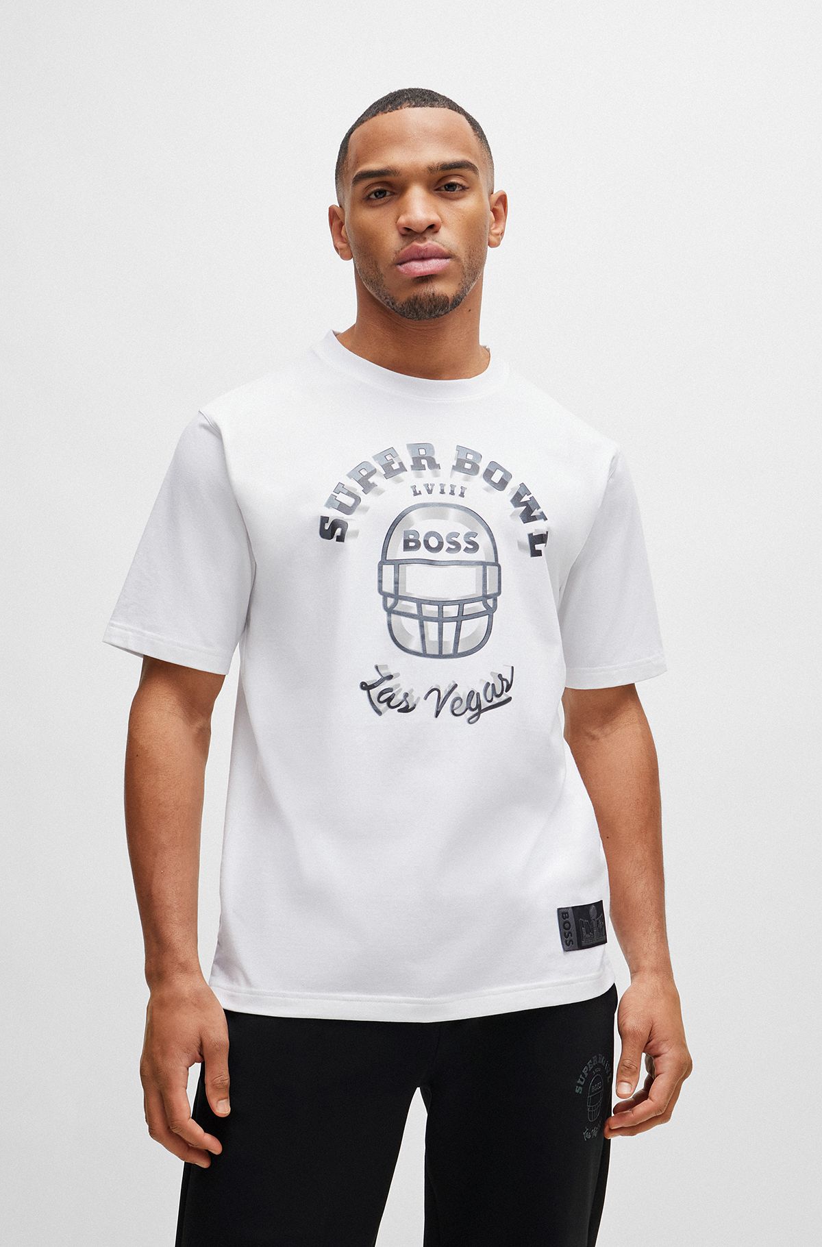 BOSS x NFL T-shirt van stretchkatoen bedrukt met artwork, Wit