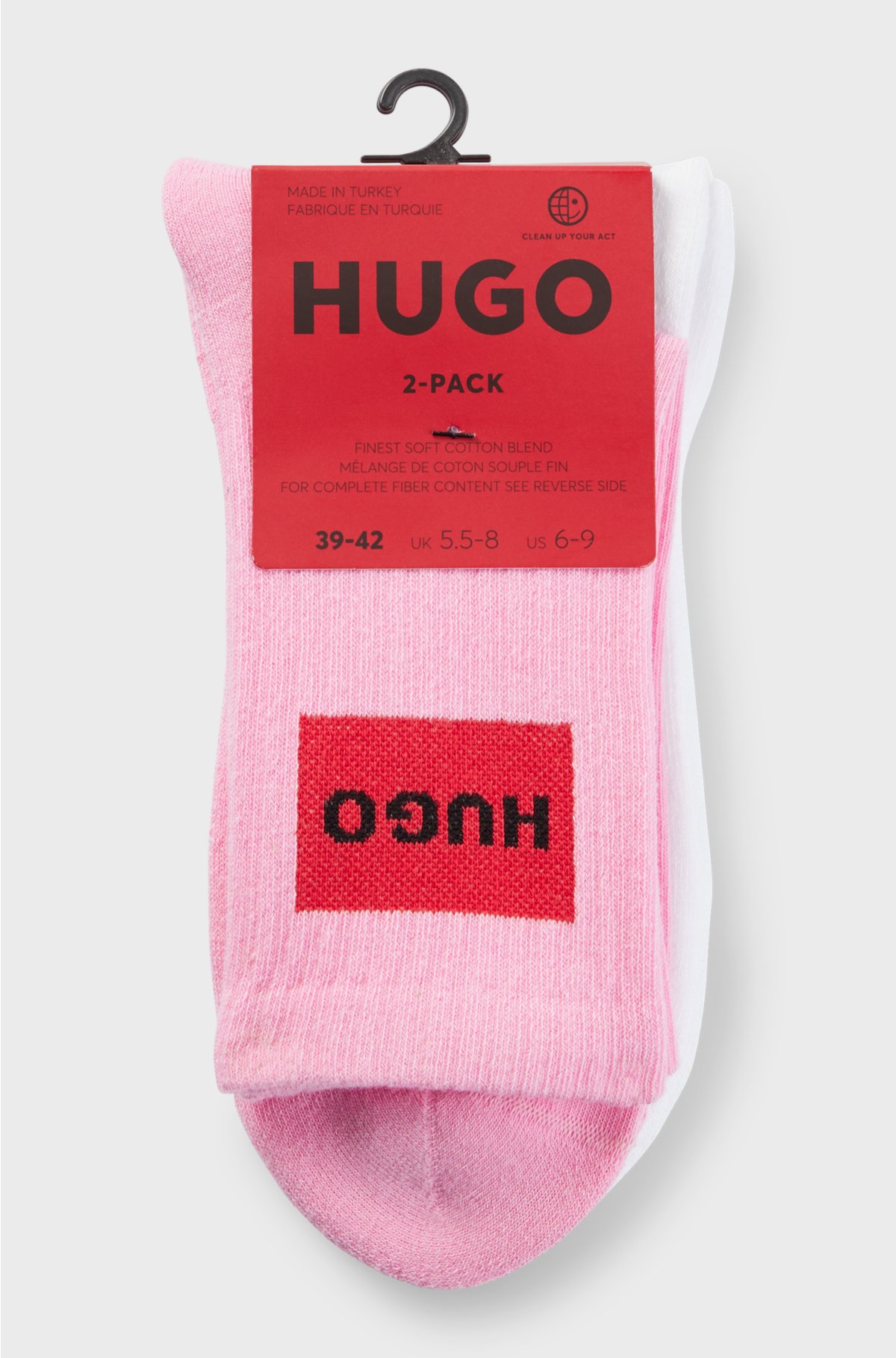Two-pack of short-length socks with red logo labels, White / Pink