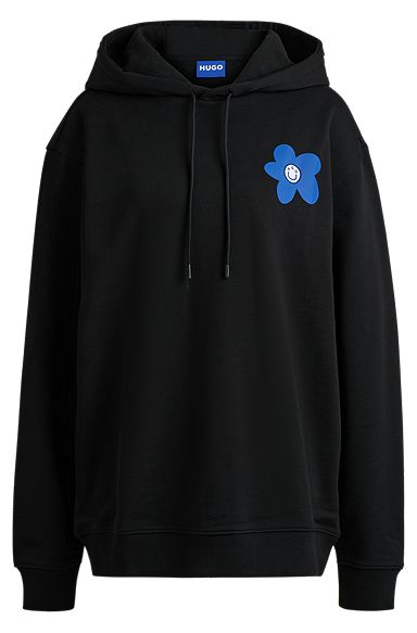 Cotton-terry all-gender hoodie with flower-print logos, Black