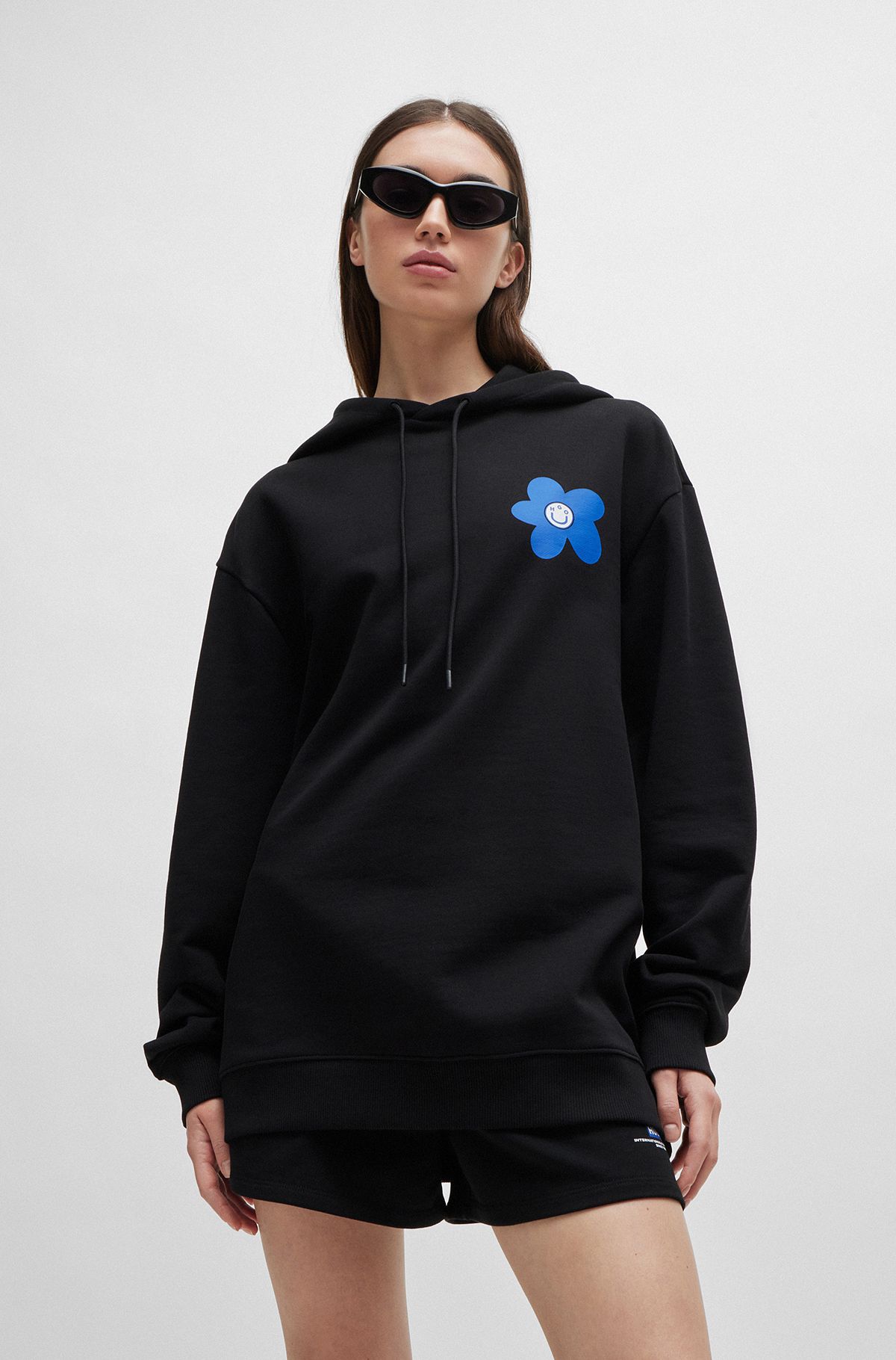 Cotton-terry all-gender hoodie with flower-print logos, Black