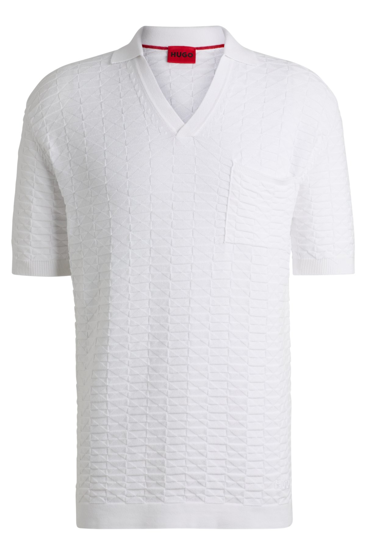 Cotton sweater in knitted jacquard with Johnny collar, White