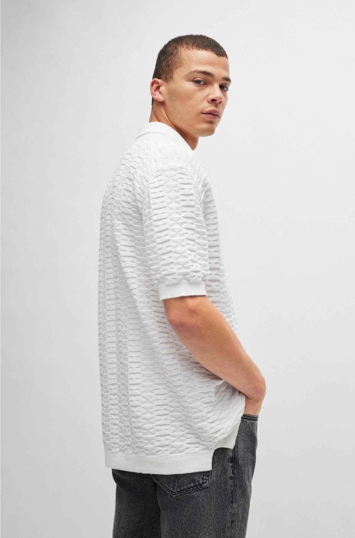 Cotton sweater in knitted jacquard with Johnny collar, White