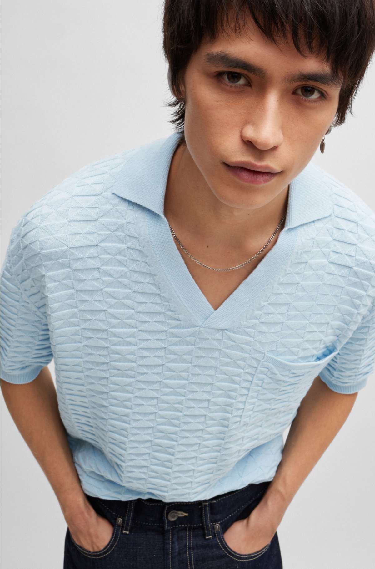 Cotton sweater in knitted jacquard with Johnny collar, Light Blue