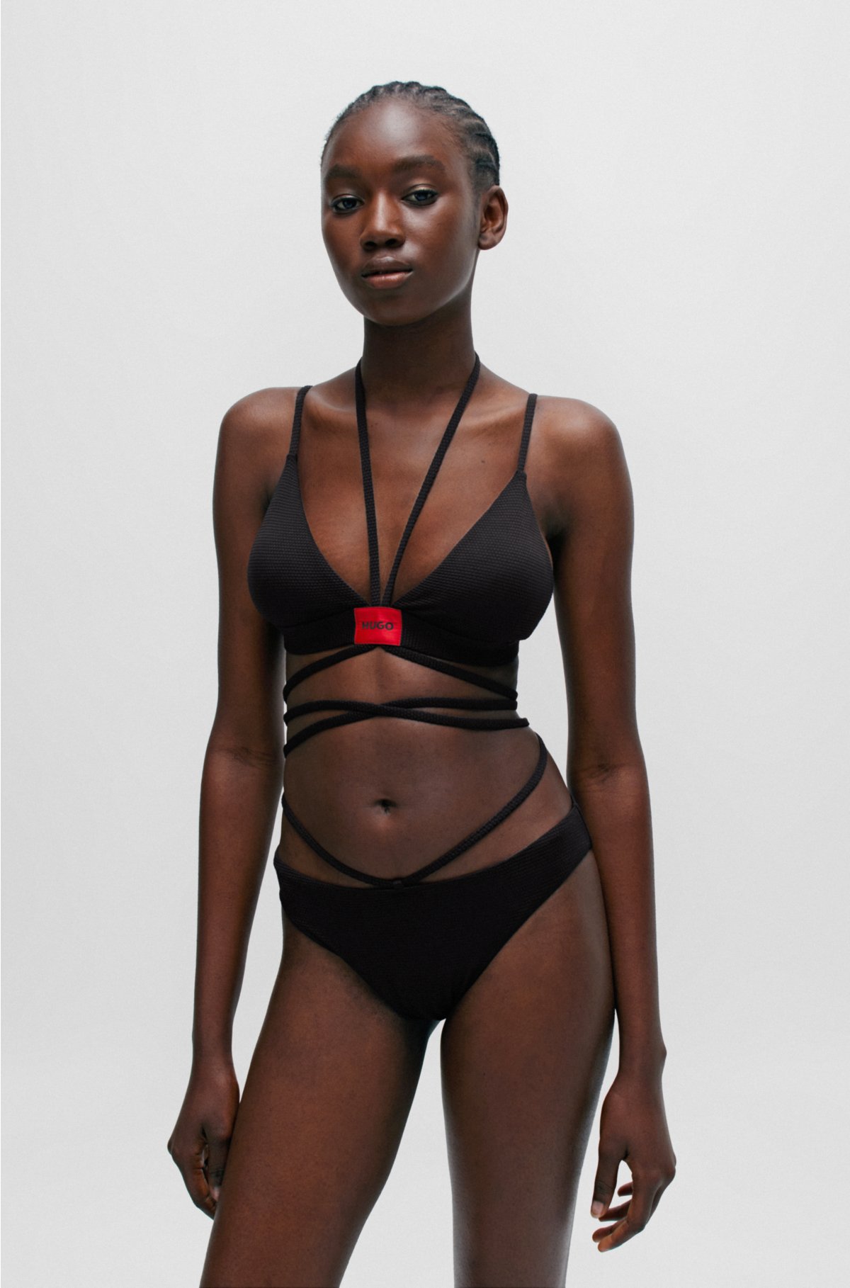 Structured-jersey bikini bottoms with strap details, Black