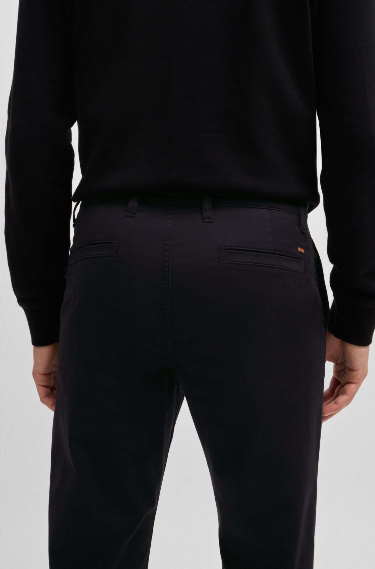 Tapered-fit chinos in stretch-cotton satin, Black