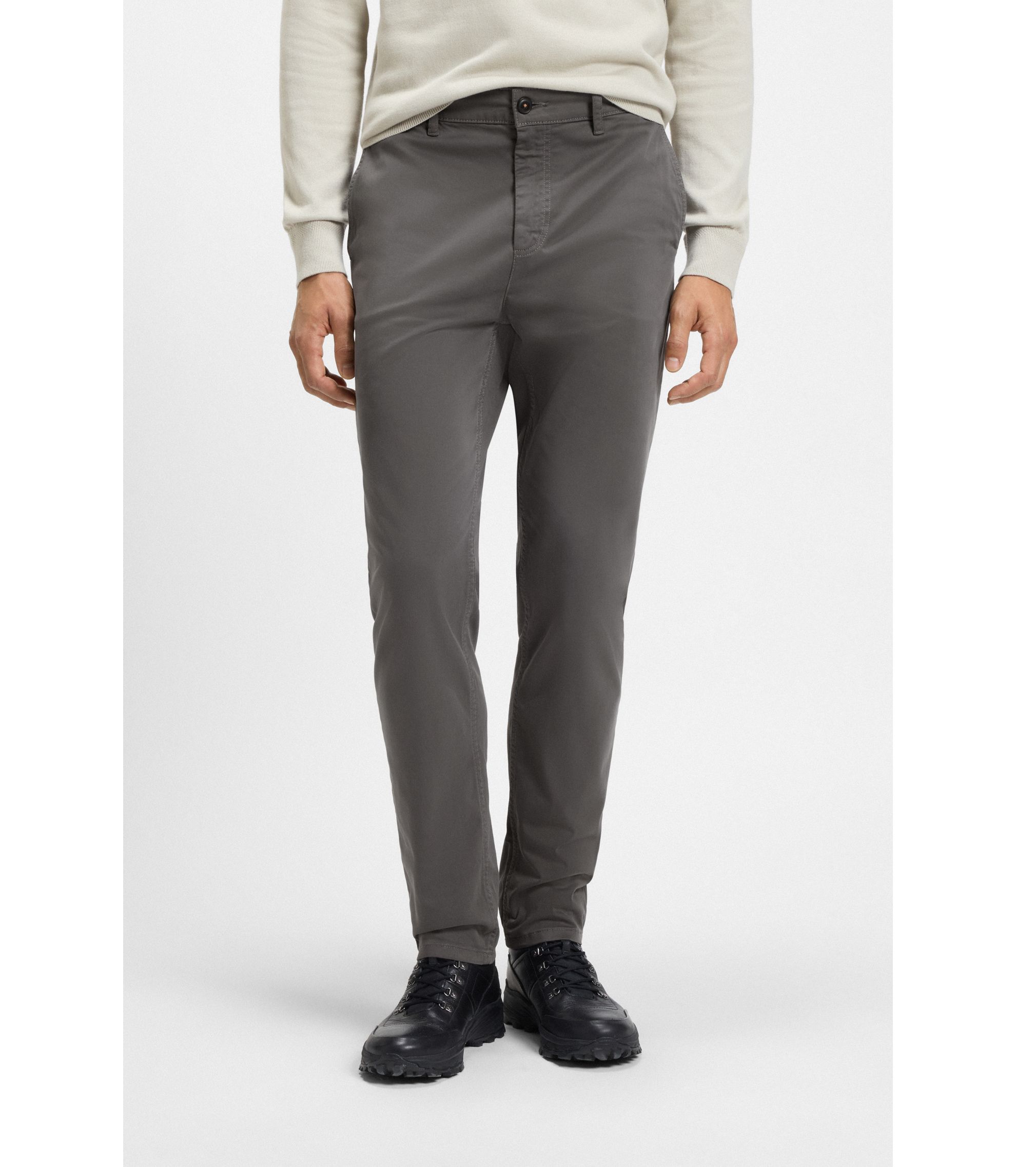 BOSS - Tapered-fit chinos in stretch-cotton satin - Dark Grey