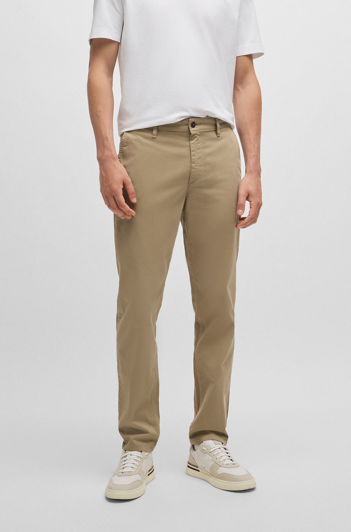 Tapered-fit chinos in stretch-cotton satin, Beige