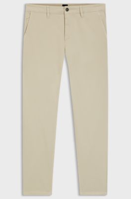 Tapered fit-chinos i stretchig bomullssatin, Ljusbeige