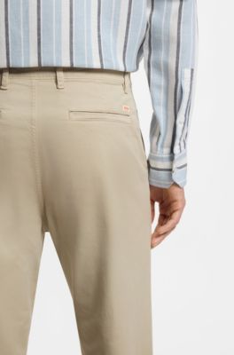 Pantaloni fit affusolato in raso di cotone elasticizzato, Beige chiaro