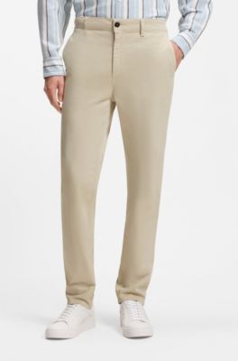 Tapered-fit trousers in stretch-cotton satin, Light Beige