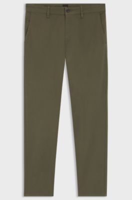 Chino con fit affusolato in satin di cotone elasticizzato, Kaki