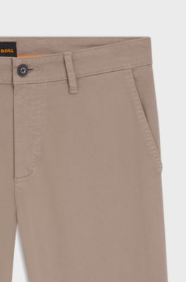 Tapered-fit trousers in stretch-cotton satin, Beige