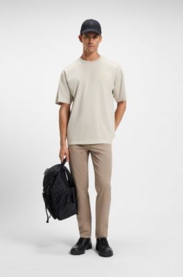 Tapered-fit trousers in stretch-cotton satin, Beige