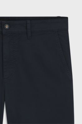 Chino con fit affusolato in satin di cotone elasticizzato, Blu scuro
