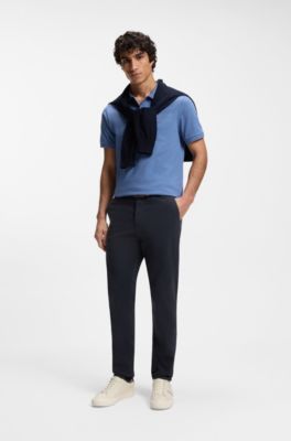 Chino coupe fusel&eacute;e en satin de coton stretch, Bleu fonc&eacute;