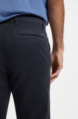 Chino coupe fusel&eacute;e en satin de coton stretch, Bleu fonc&eacute;