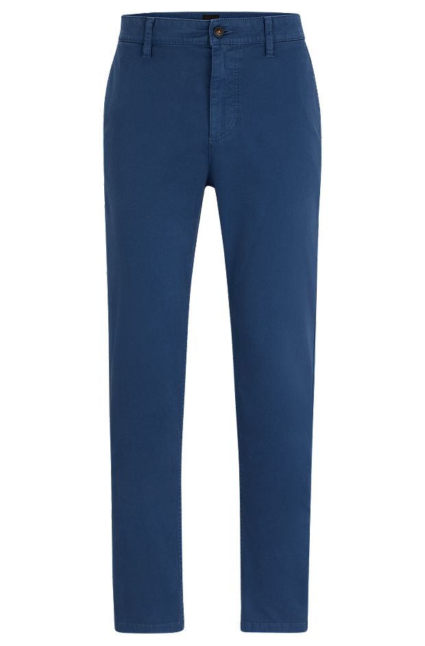 Pantaloni dal fit affusolato in satin di cotone elasticizzato, Blu scuro