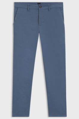 Chinos med tapered fit i bomuldssatin med str&aelig;k, Bl&aring;
