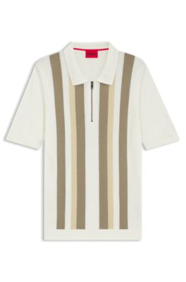 Zip-neck knit polo sweater with vertical stripes, Natural
