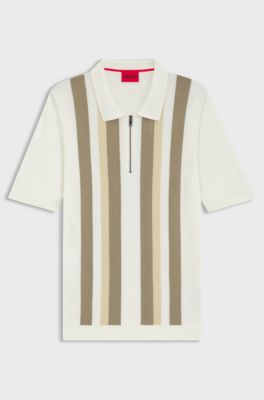 Zip-neck knit polo sweater with vertical stripes, Natural