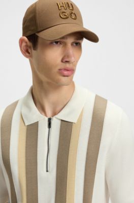 Zip-neck knit polo sweater with vertical stripes, Natural