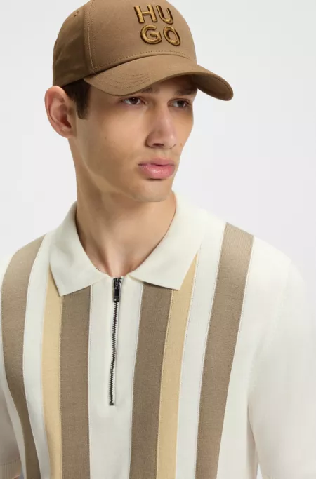 Zip-neck knit polo sweater with vertical stripes