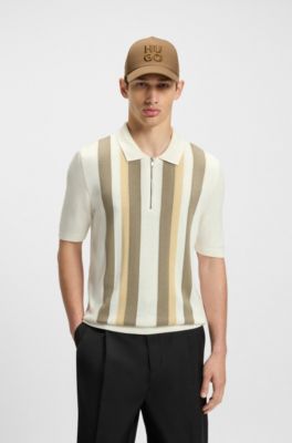 Zip-neck knit polo sweater with vertical stripes, Natural