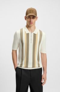 Zip-neck knit polo sweater with vertical stripes, Natural