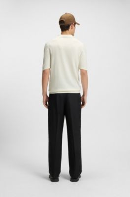 Zip-neck knit polo sweater with vertical stripes, Natural