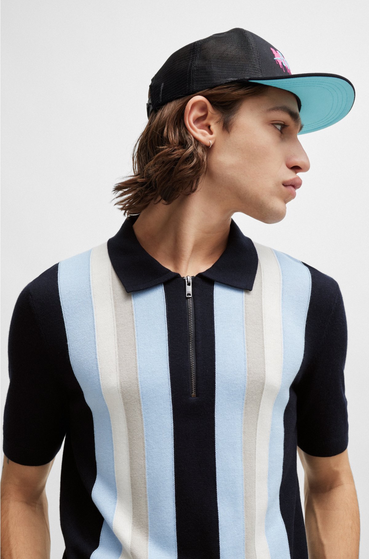 Zip-neck polo sweater with vertical stripes, Blue